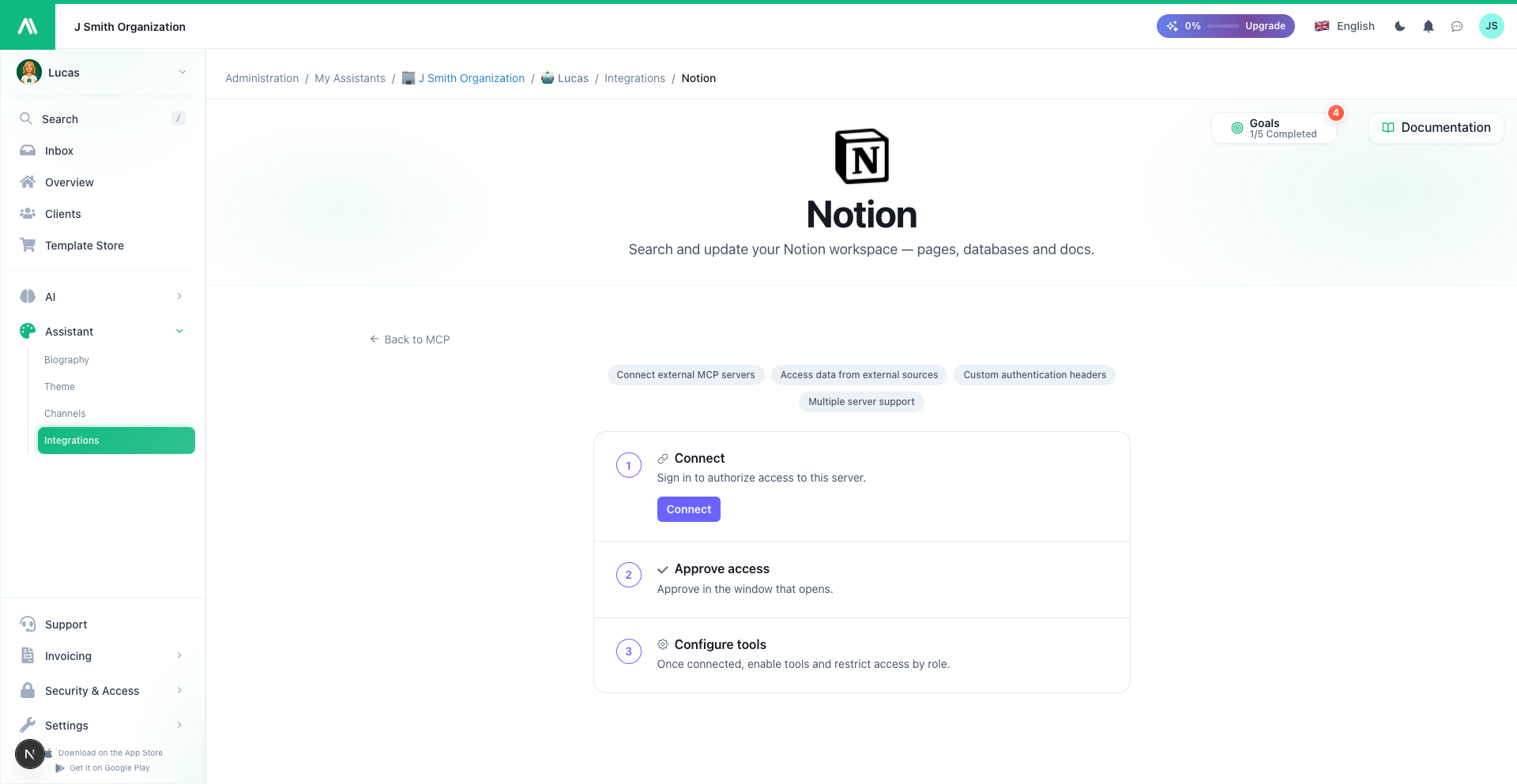 A service's connection screen with sign-in and tool configuration steps