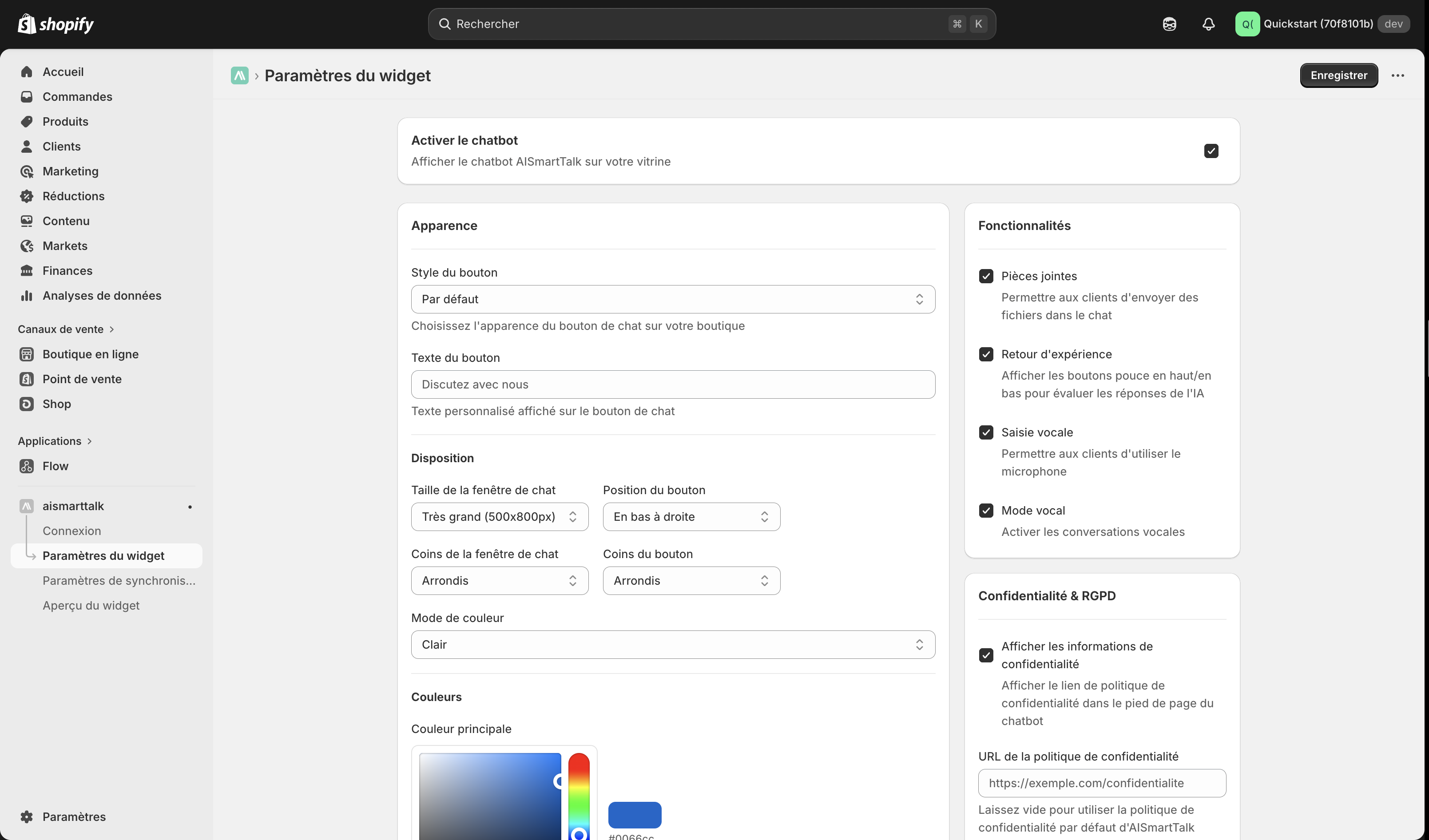 Shopify chatbot widget parameters