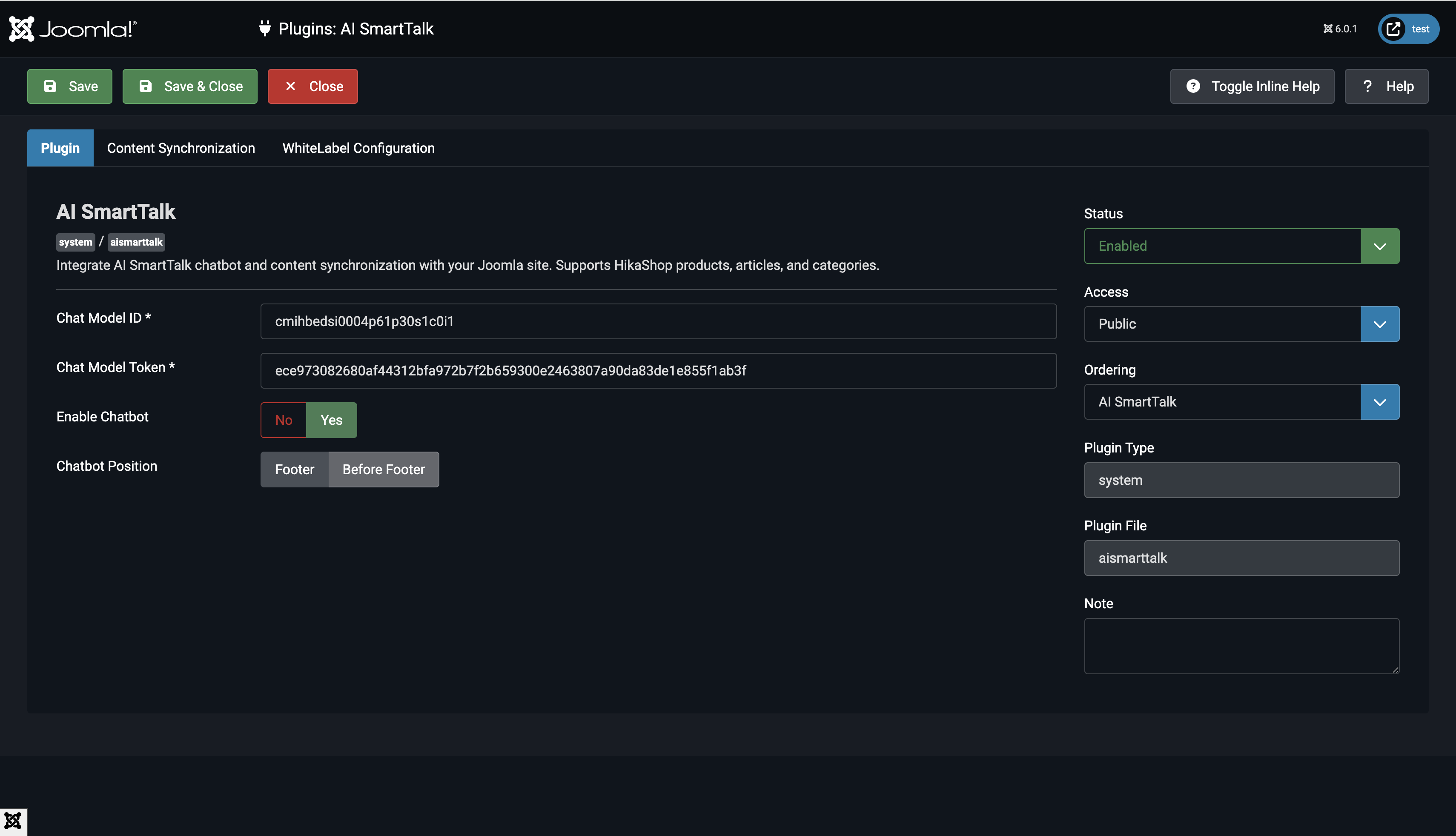 Joomla papildinio konfigūracija