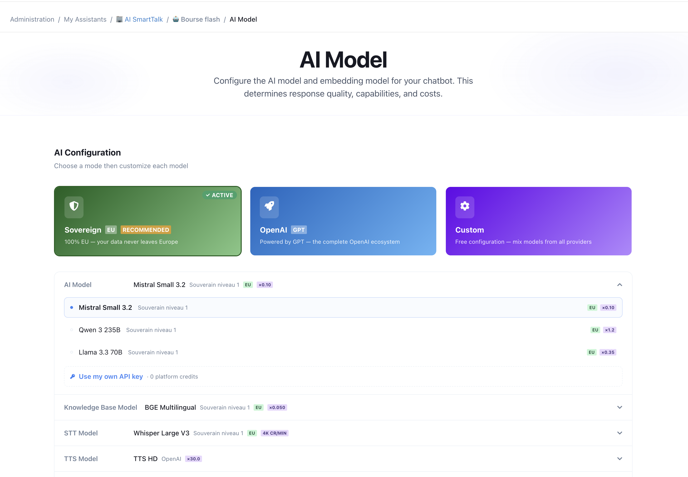 D'AI Modell Säit — Souverän, OpenAI a Personaliséiert Modus, mat Fäegkeet-zu-Fäegkeet Modellwiel
