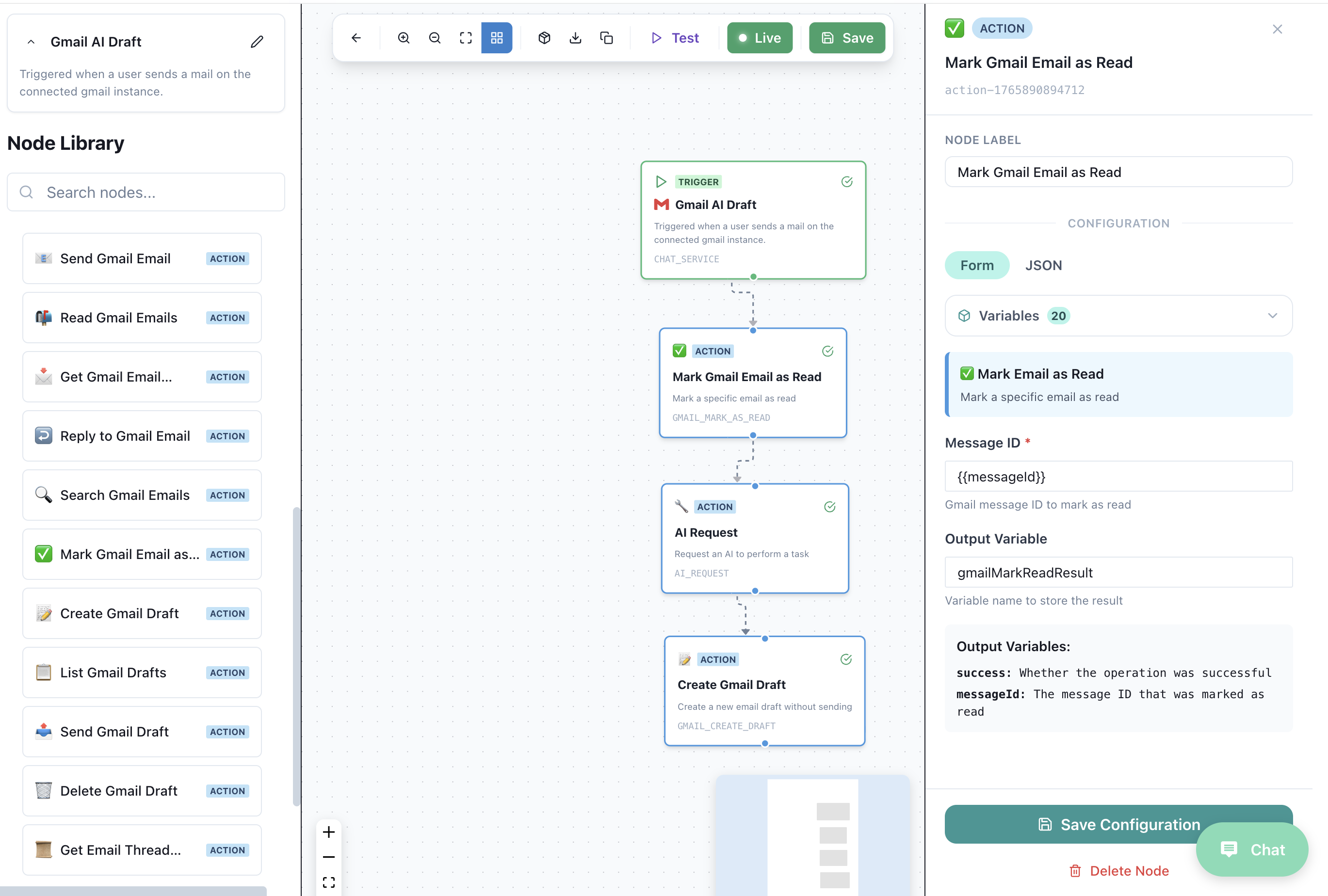 Um SmartFlow que marca uma nova mensagem do Gmail como lida, executa uma solicitação de IA e cria um rascunho