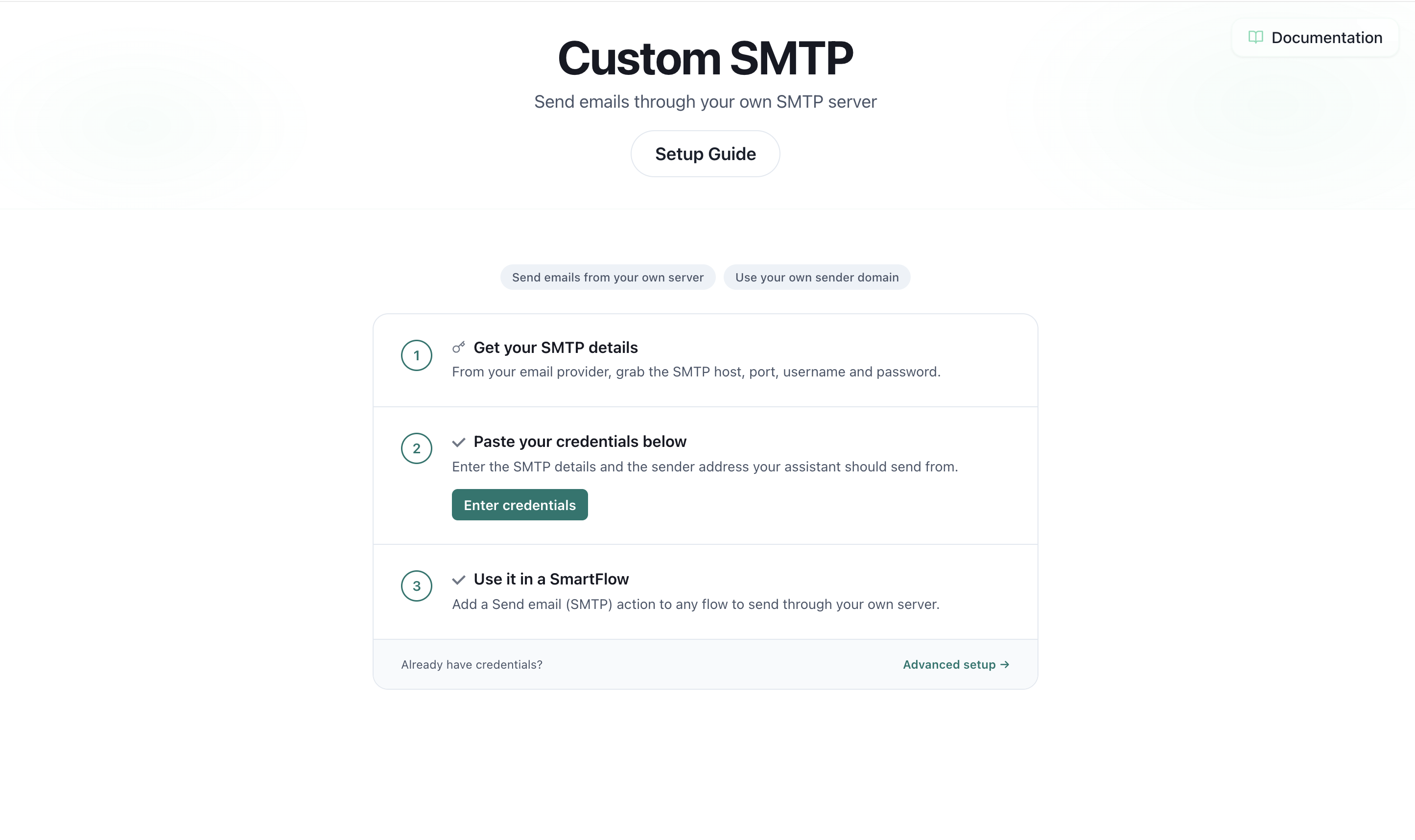 Página de integração SMTP personalizada