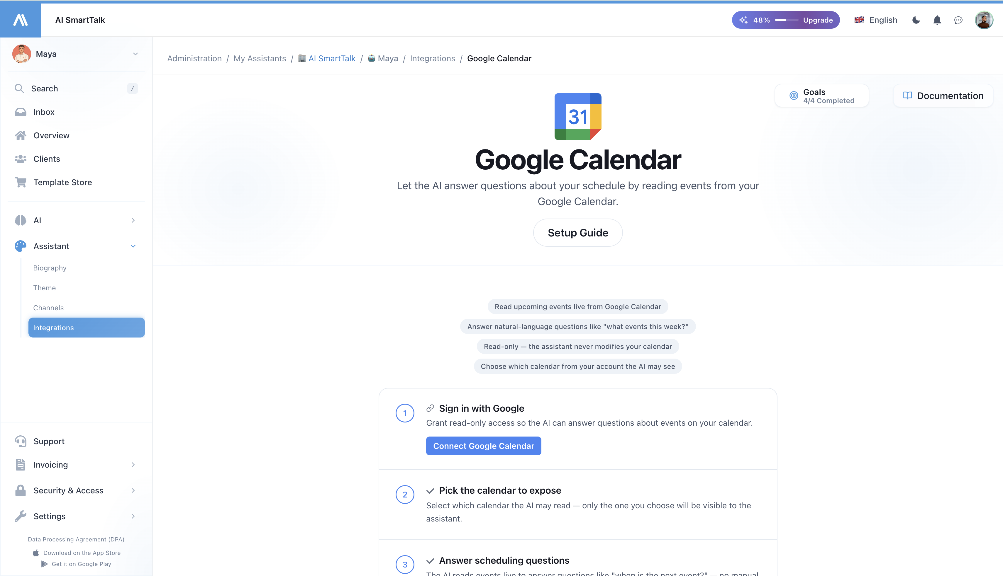 Stránka integrácie Google Calendar