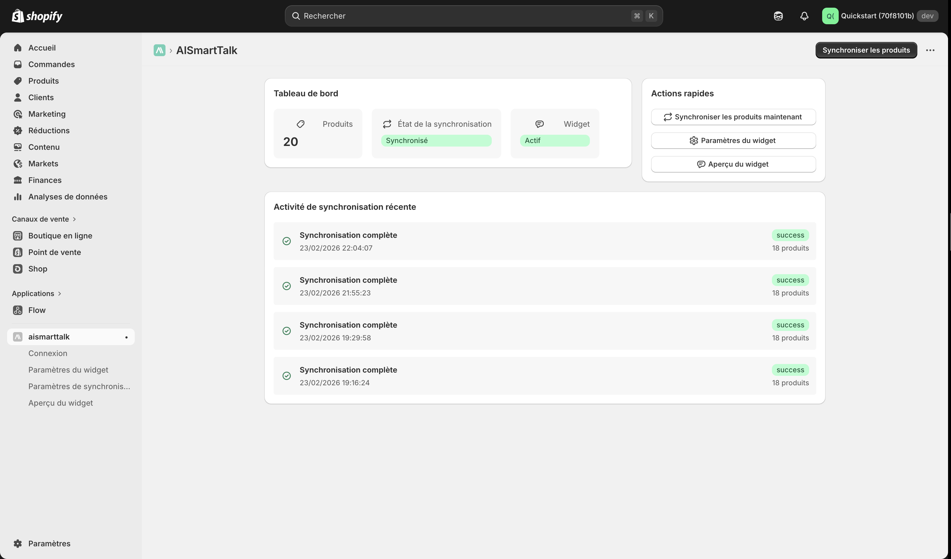 AI SmartTalk Shopify uygulaması — senkronizasyon durumu ve etkinliği